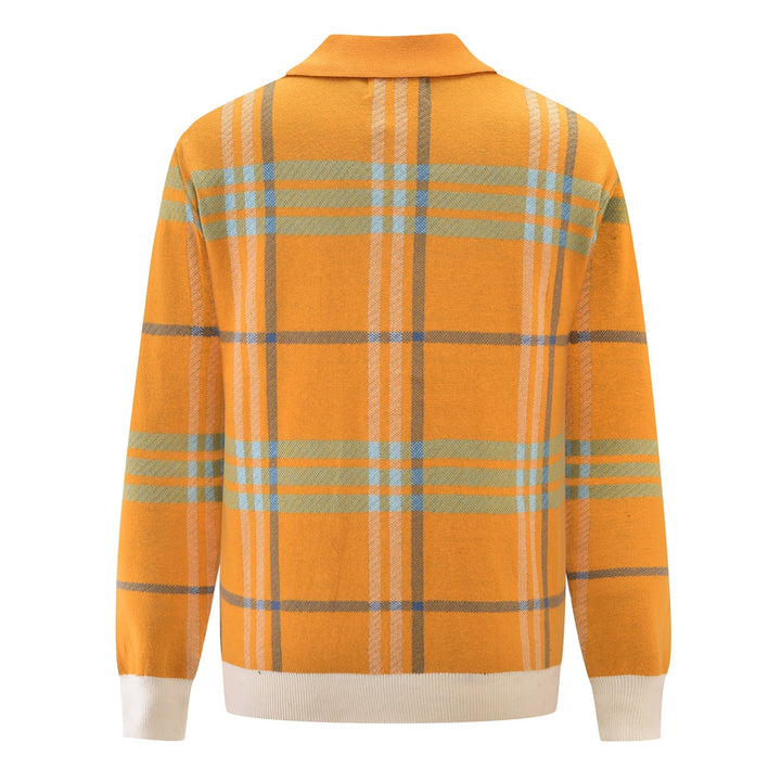 Cárdigan de punto jacquard retro de los 70 para hombre en mostaza y naranja