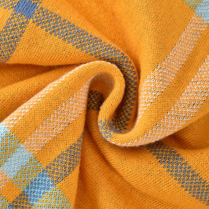 Cárdigan de punto jacquard retro de los 70 para hombre en mostaza y naranja