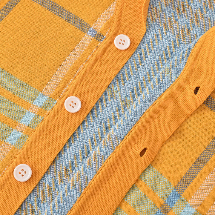 Cárdigan de punto jacquard retro de los 70 para hombre en mostaza y naranja