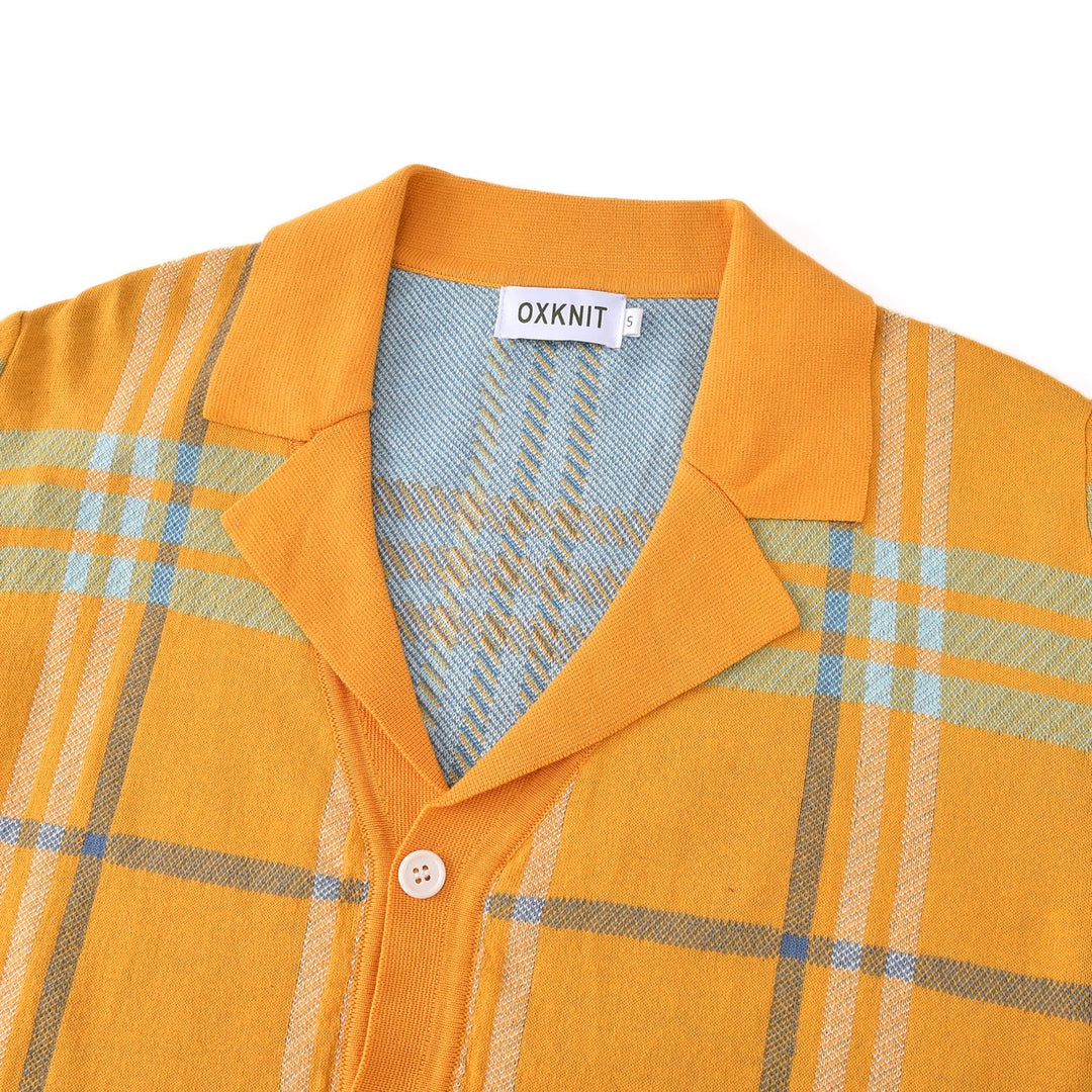 Cárdigan de punto jacquard retro de los 70 para hombre en mostaza y naranja