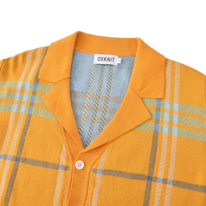 Cárdigan de punto jacquard retro de los 70 para hombre en mostaza y naranja