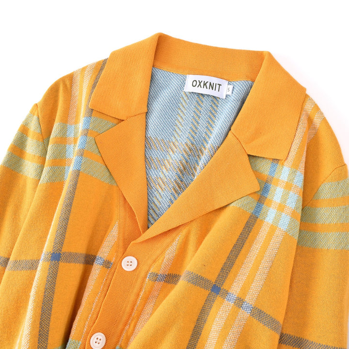 Cárdigan de punto jacquard retro de los 70 para hombre en mostaza y naranja