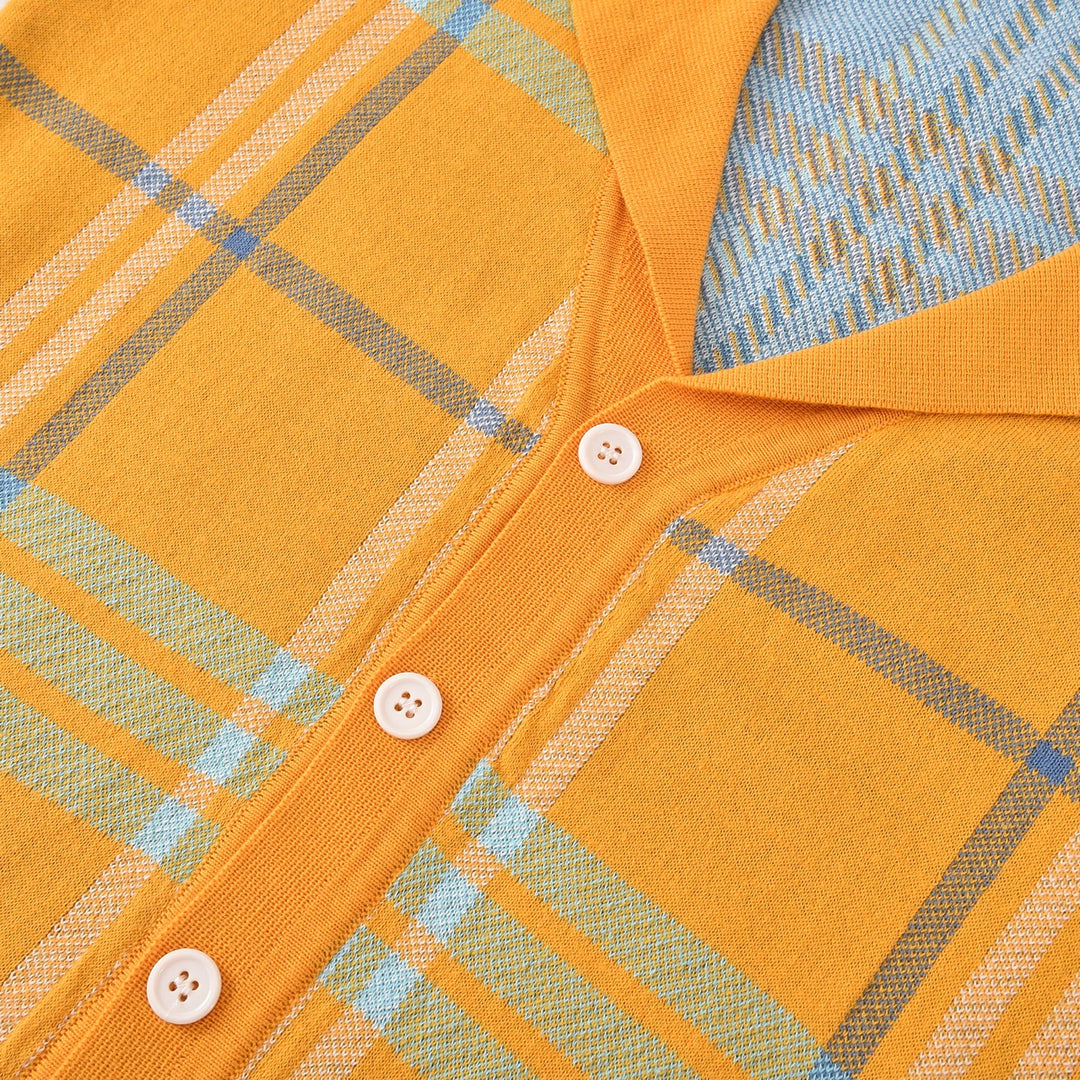 Cárdigan de punto jacquard retro de los 70 para hombre en mostaza y naranja