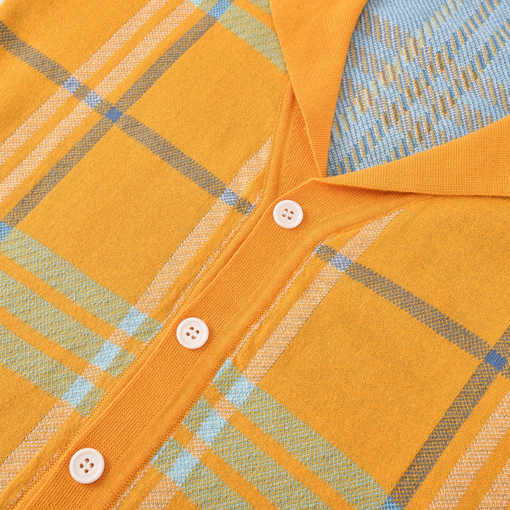 Cárdigan de punto jacquard retro de los 70 para hombre en mostaza y naranja
