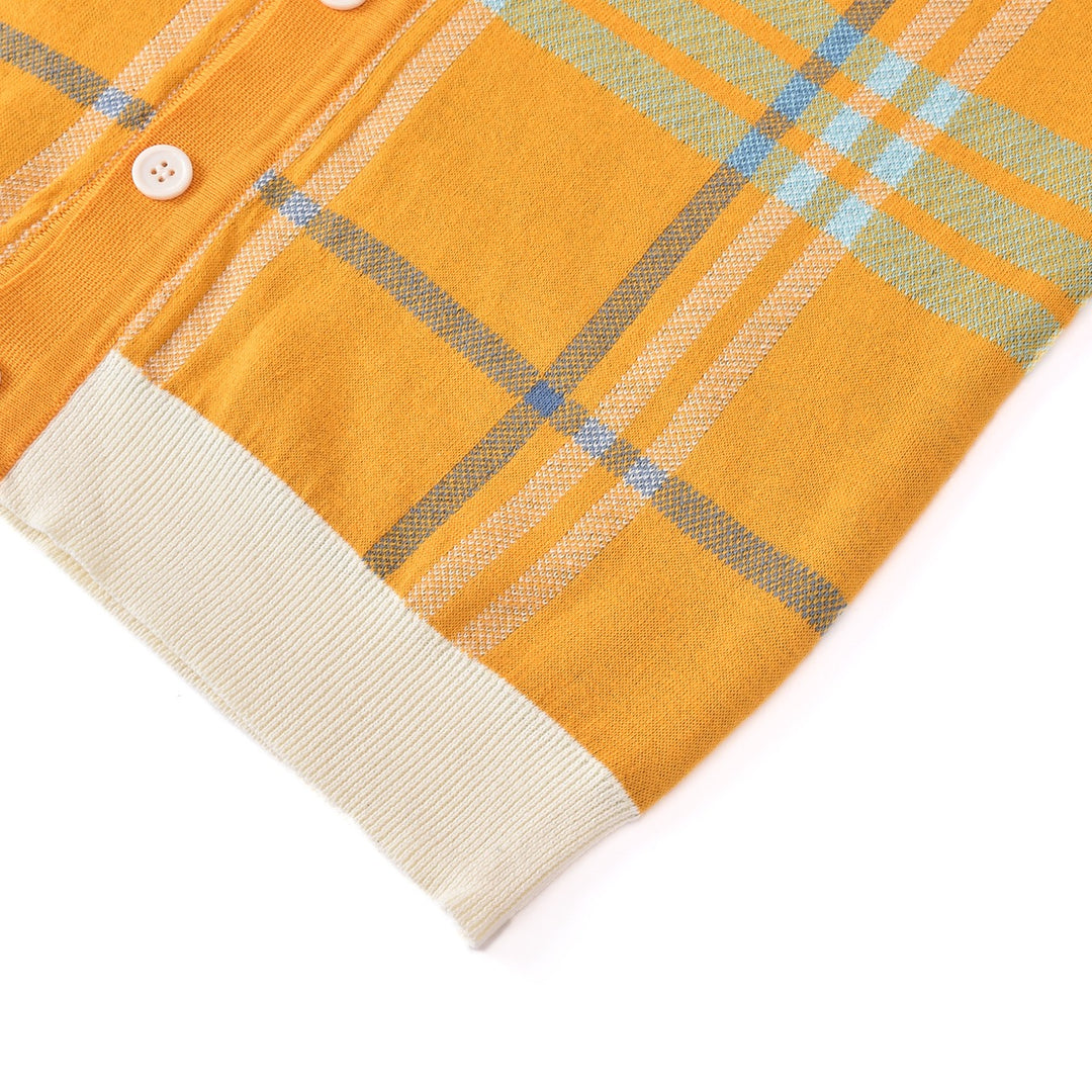 Cárdigan de punto jacquard retro de los 70 para hombre en mostaza y naranja