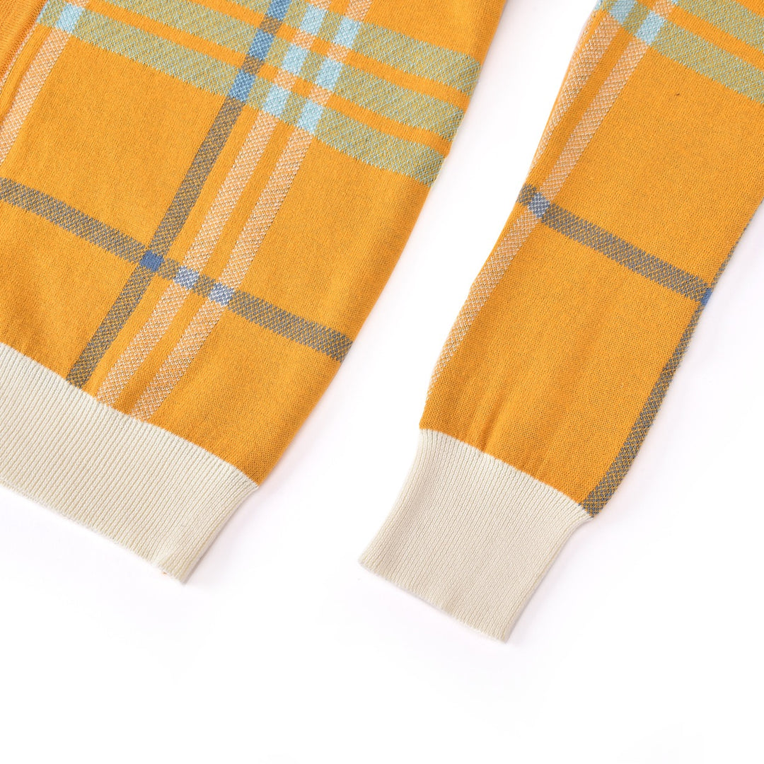 Cárdigan de punto jacquard retro de los 70 para hombre en mostaza y naranja