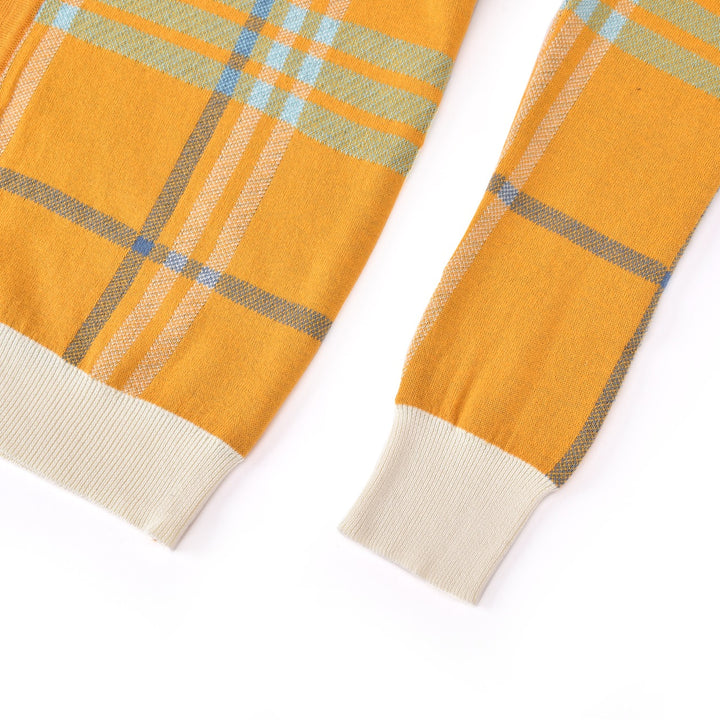 Cárdigan de punto jacquard retro de los 70 para hombre en mostaza y naranja