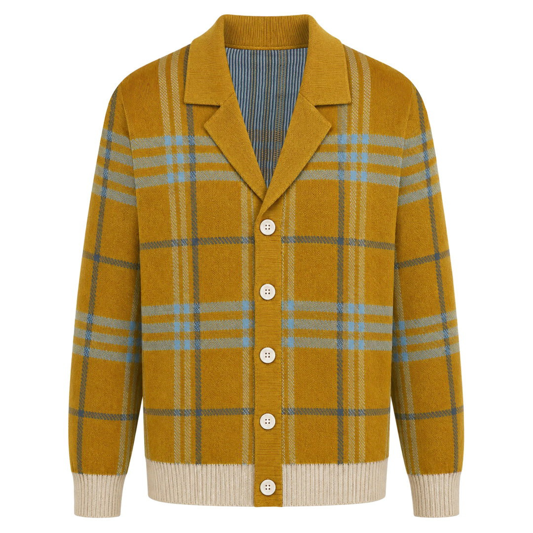 Cardigan en maille jacquard à carreaux rétro des années 70 pour homme, moutarde orange