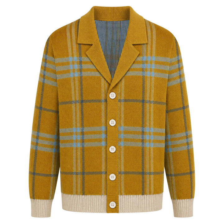 Cardigan en maille jacquard à carreaux rétro des années 70 pour homme, moutarde orange