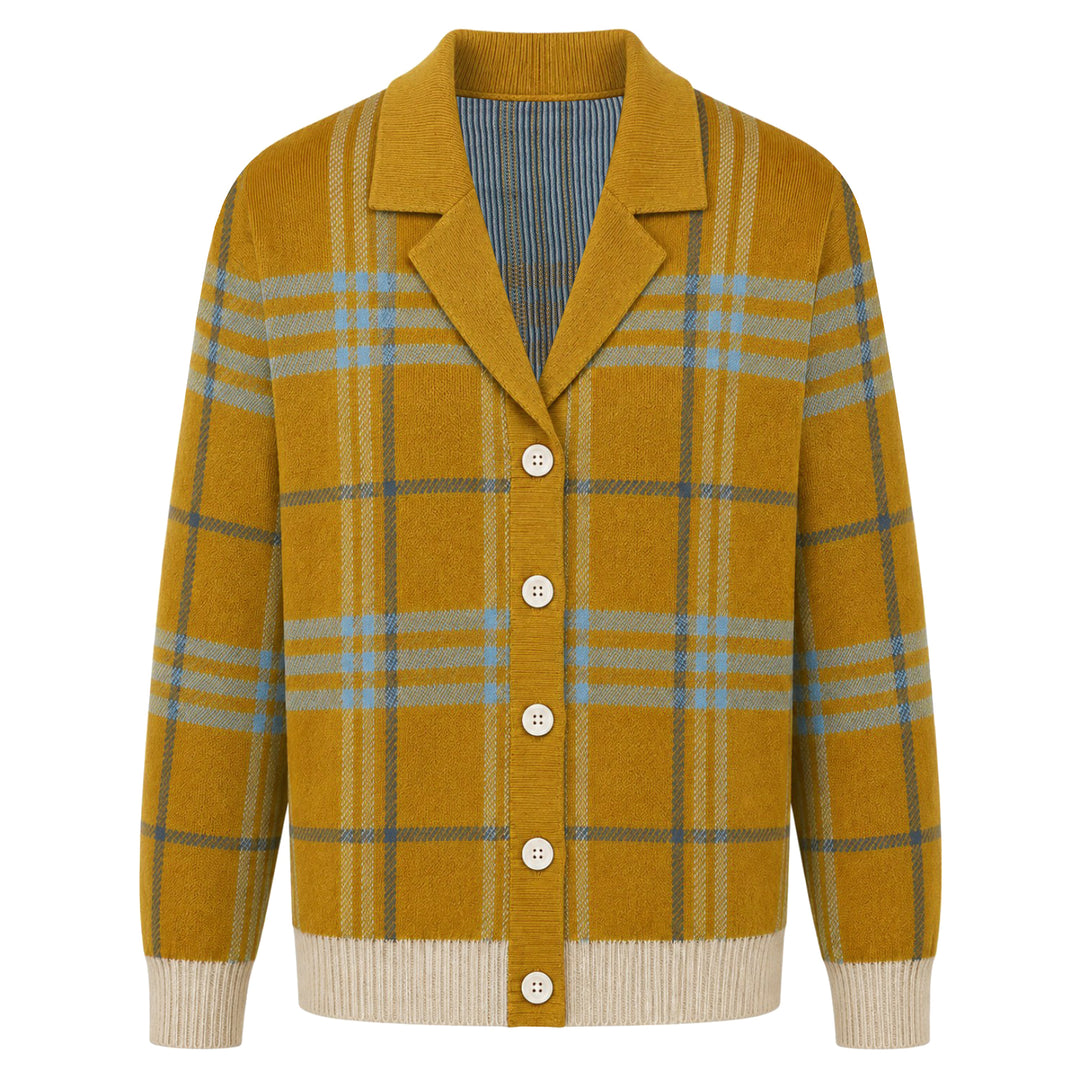 Men's Mustard Orange 70s Retro Check Jacquard Knit Cardigan