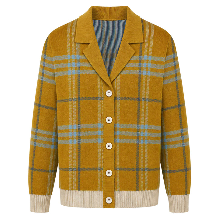Men's Mustard Orange 70s Retro Check Jacquard Knit Cardigan