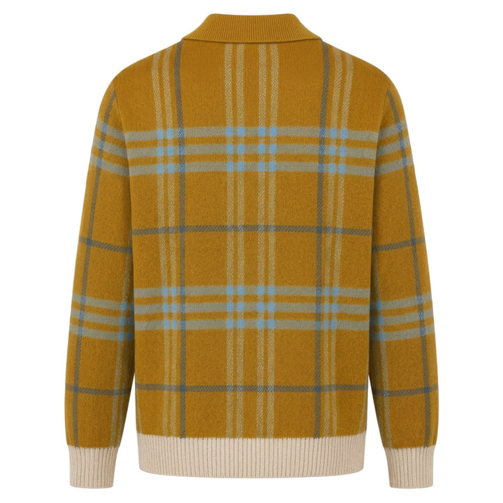Men's Mustard Orange 70s Retro Check Jacquard Knit Cardigan