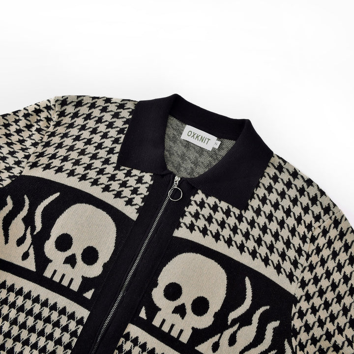 Men's Skull Houndstooth Zip-Up Knit Cardigan