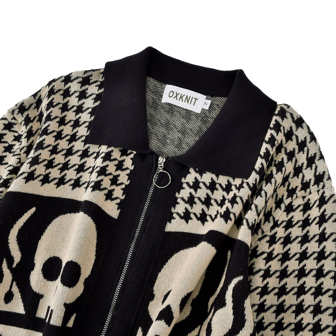 Men's Skull Houndstooth Zip-Up Knit Cardigan