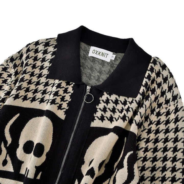 Men's Skull Houndstooth Zip-Up Knit Cardigan