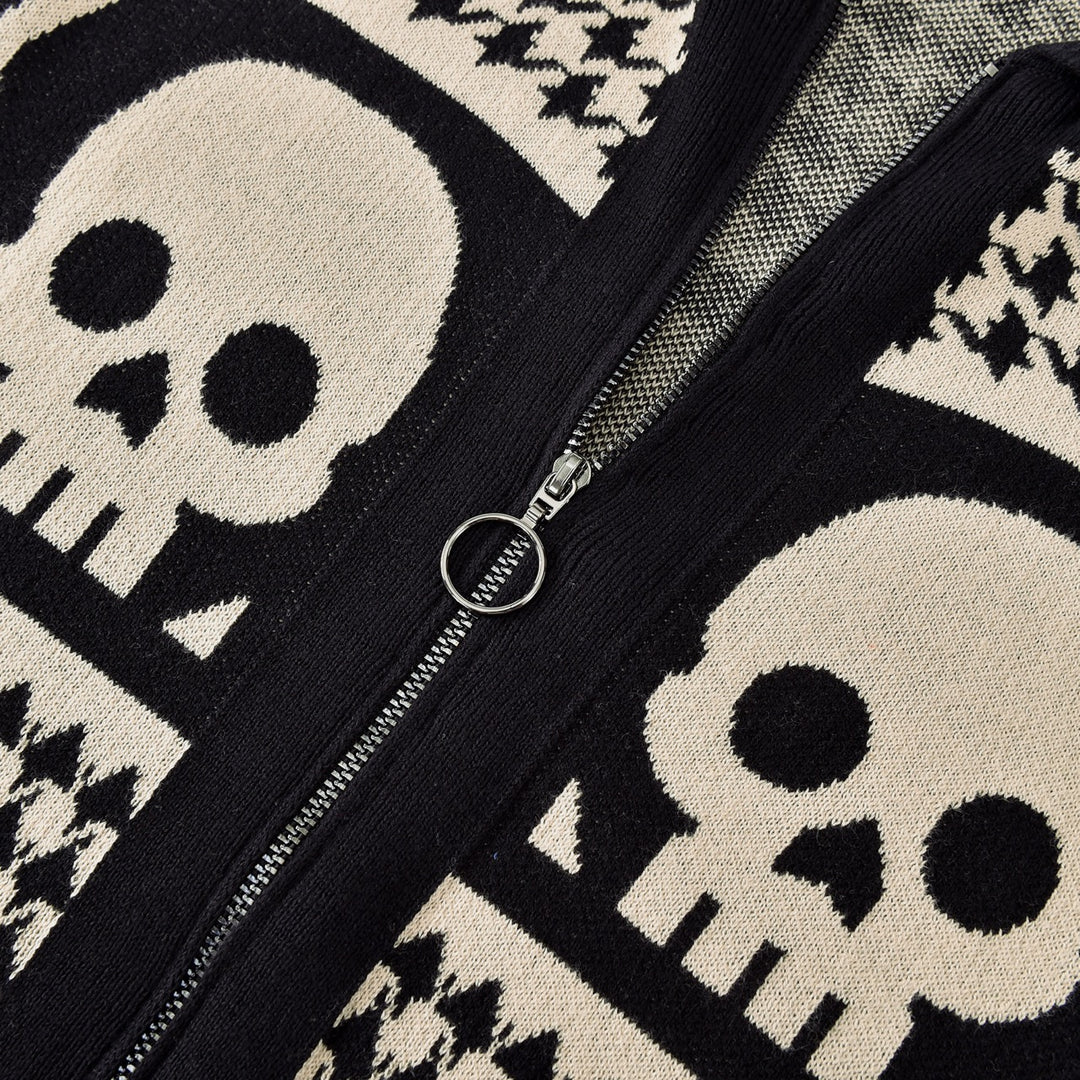 Men's Skull Houndstooth Zip-Up Knit Cardigan