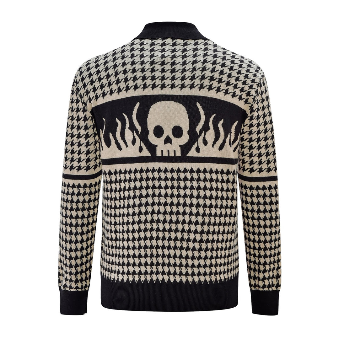 Men's Skull Houndstooth Zip-Up Knit Cardigan
