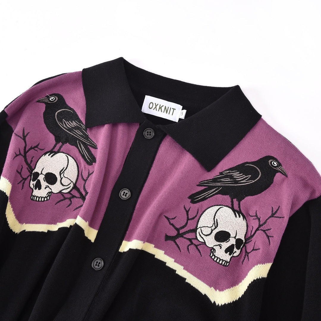 Men's Black Skull and Raven Knit Cardigan