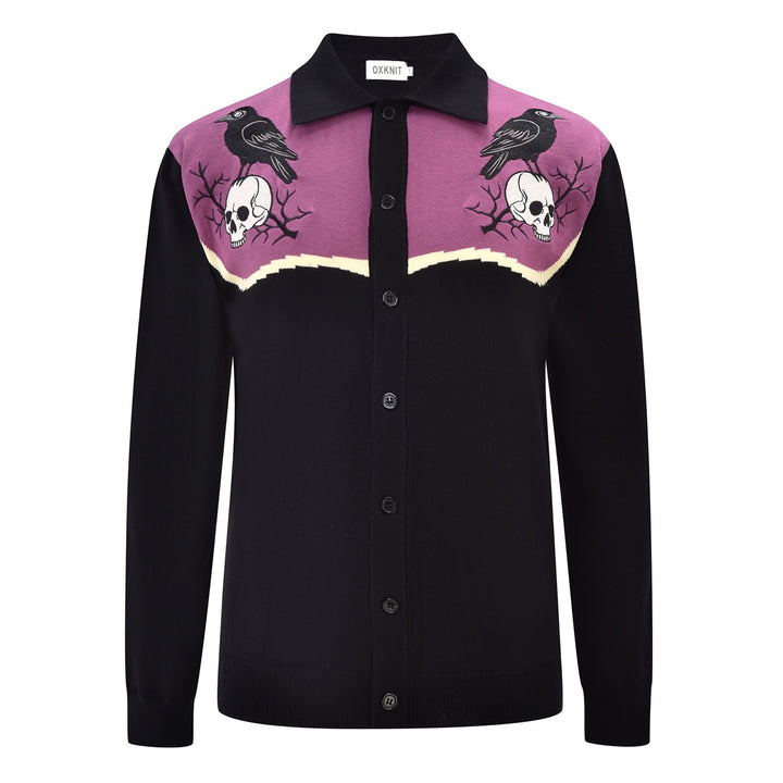 Men's Black Skull and Raven Knit Cardigan