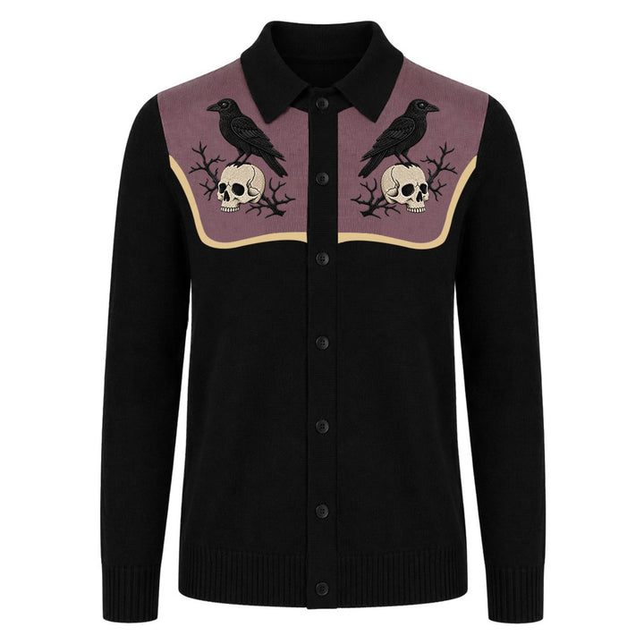 Men's Gothic Retro Skull Blackbird Embroidery Knit Cardigan