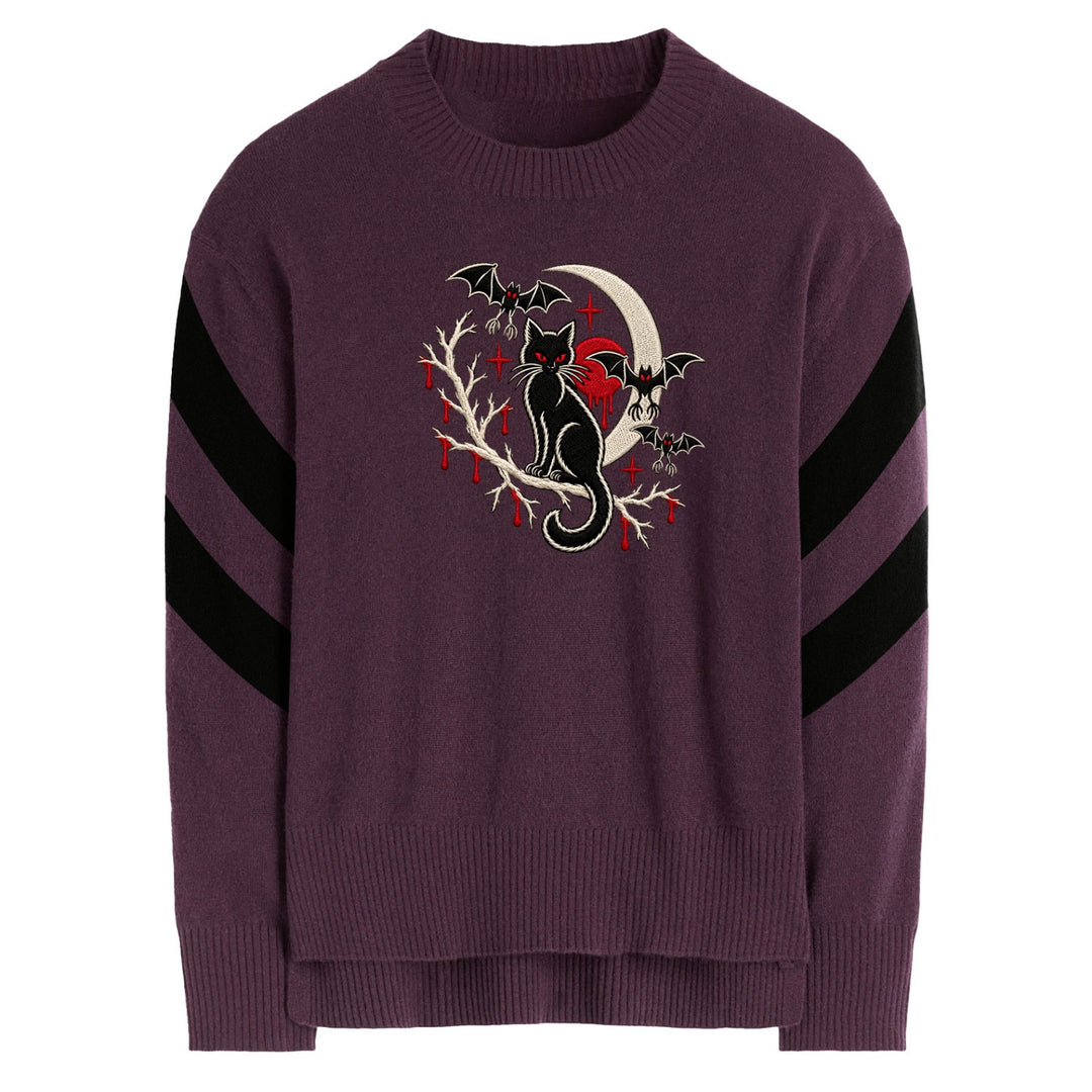 Women's Gothic Black Cat Halloween Embroidery Knitwear