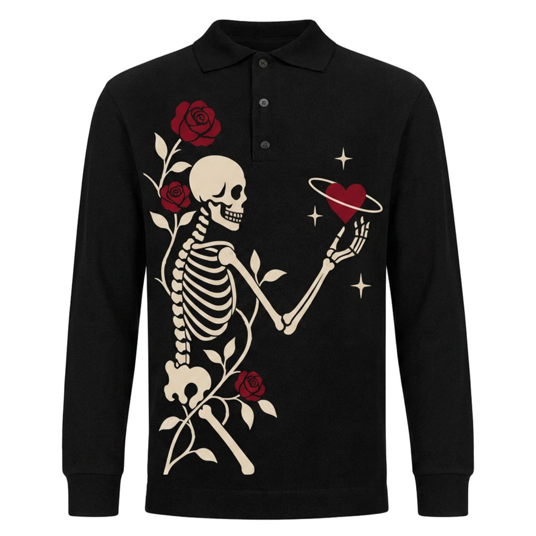 Men's Gothic Romantic Skull & Rose Jacquard Knit Polo