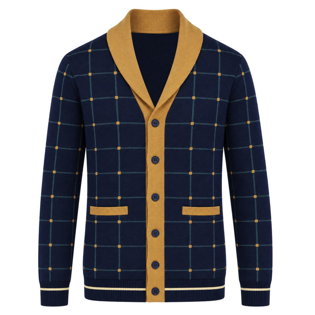 Cárdigan de punto jacquard clásico retro negro de los años 70 para hombre