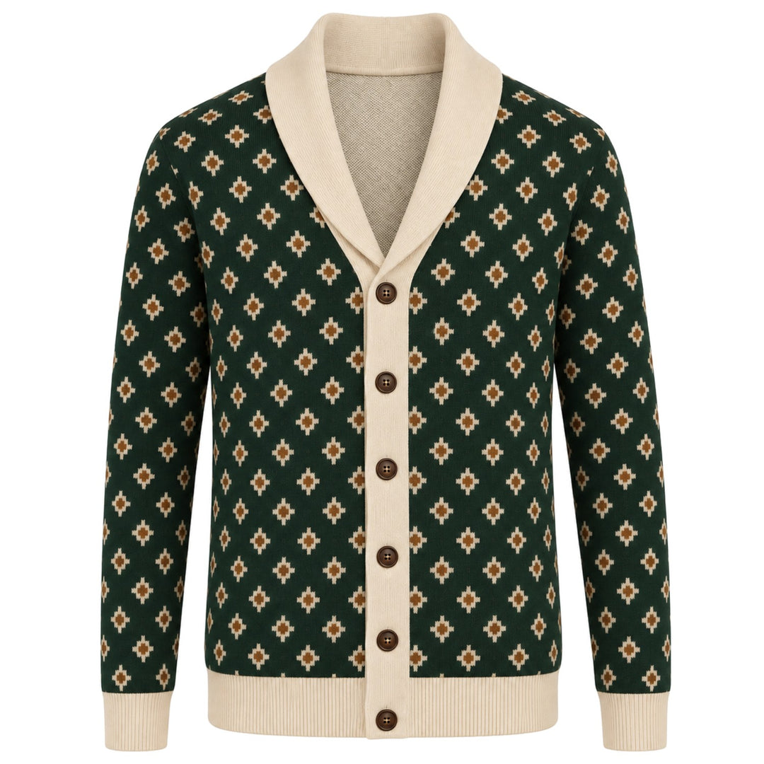 Cardigan Retro Preto de Malha Jacquard com Risca Clássica dos Anos 70 para Homem