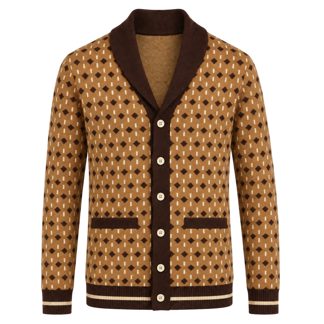 Cardigan Retro Preto de Malha Jacquard com Risca Clássica dos Anos 70 para Homem