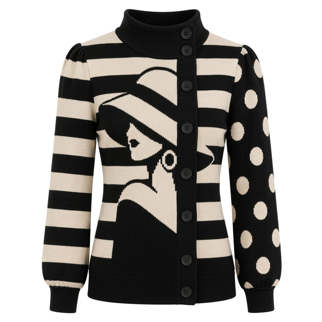 Cárdigan de punto vintage para mujer con bordado de cactus y planeta verde