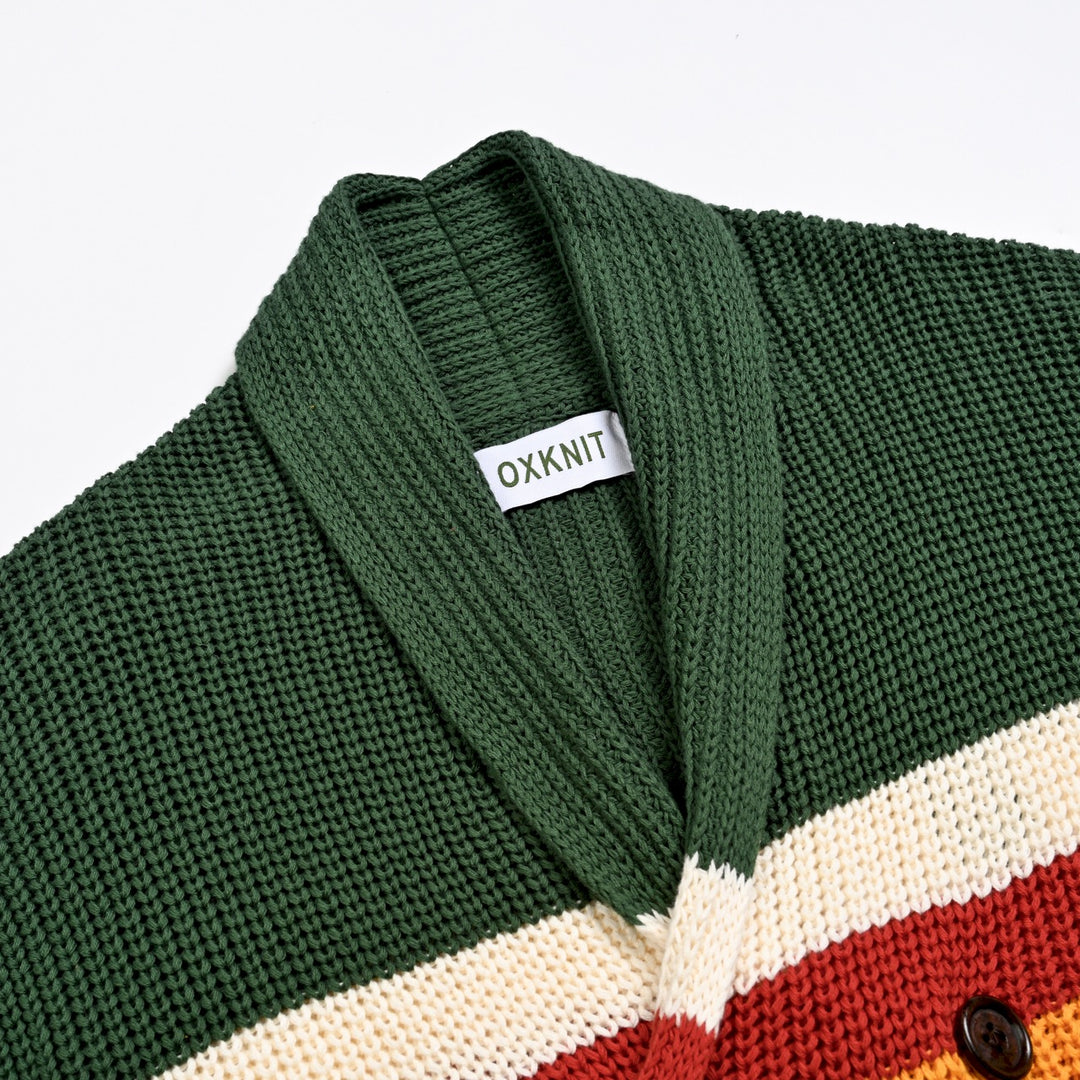 Herre Grønn Retro Flerfarget Stripet Jacquardstrikket Cardigan