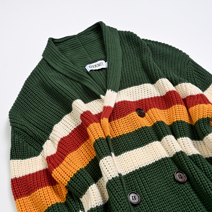 Herre Grønn Retro Flerfarget Stripet Jacquardstrikket Cardigan