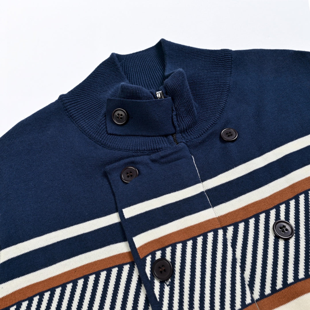 Cardigan da uomo anni '70 a righe da corsa in maglia jacquard