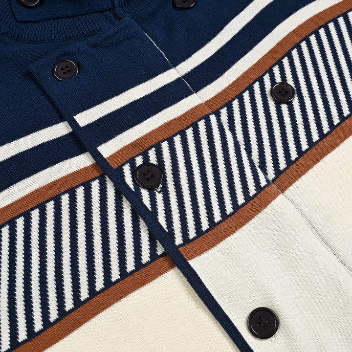 Cardigan da uomo anni '70 a righe da corsa in maglia jacquard