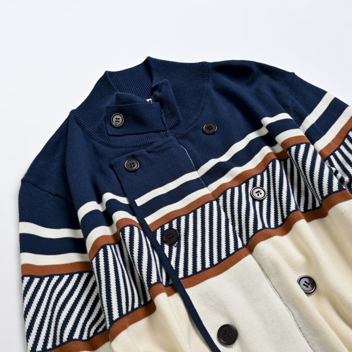 Cardigan da uomo anni '70 a righe da corsa in maglia jacquard