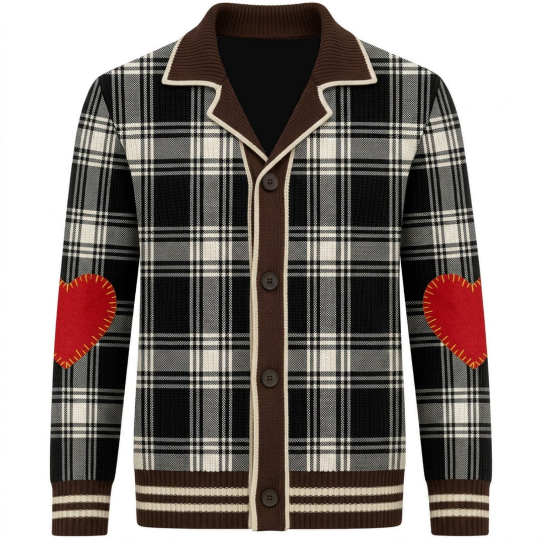 Cárdigan de punto jacquard clásico a cuadros vintage marrón para hombre
