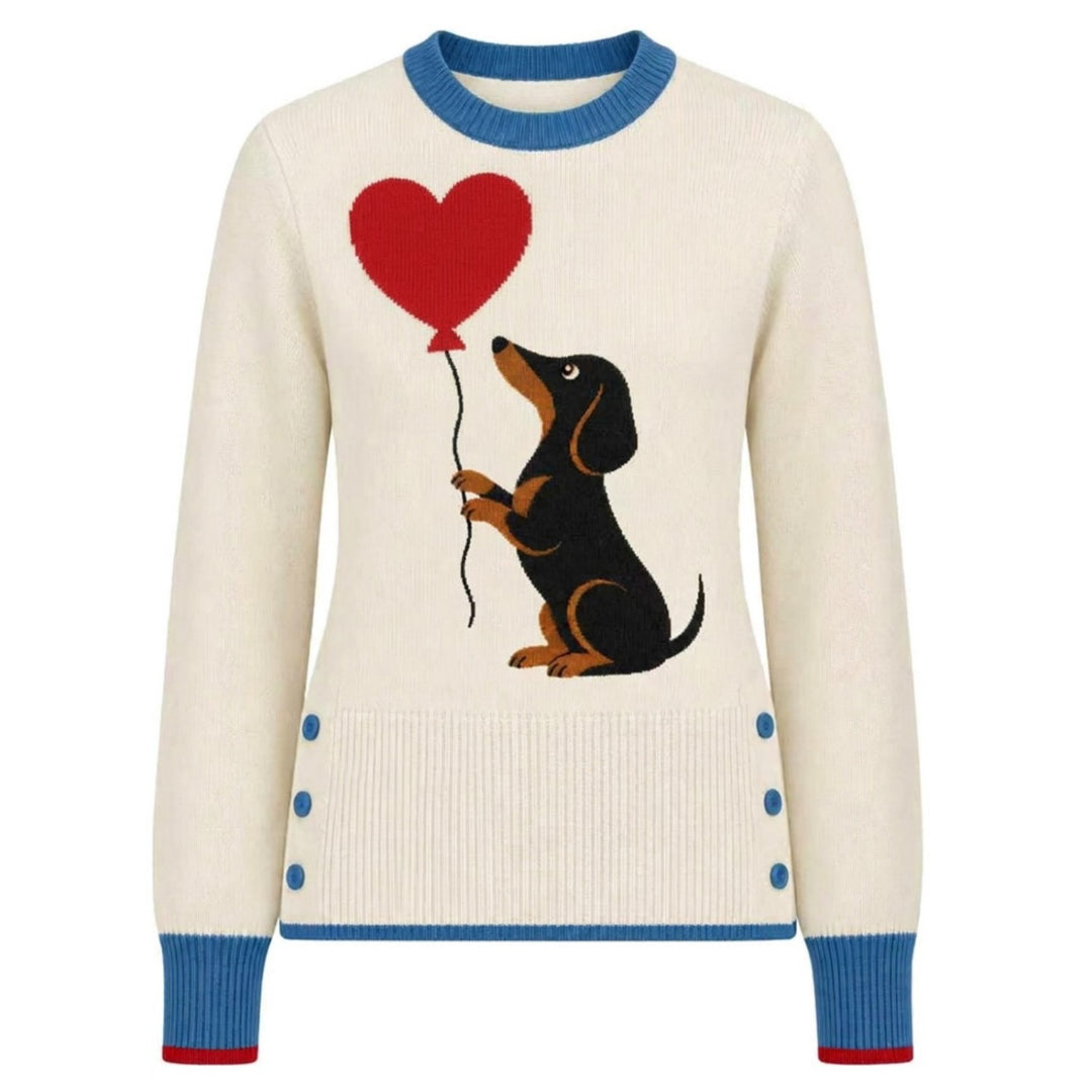 Jersey de punto jacquard azul oscuro vintage con arte de zorro para mujer