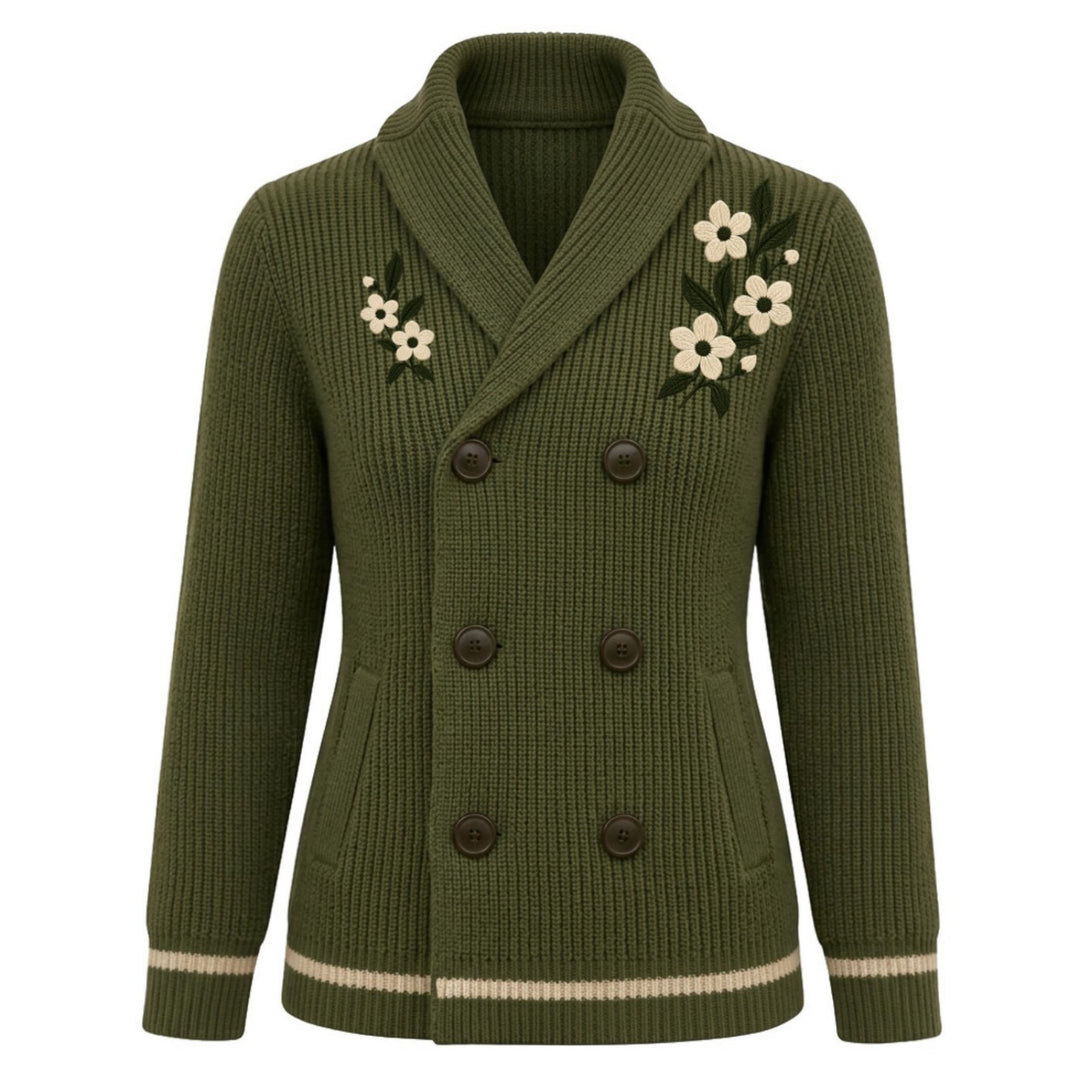 Cárdigan de punto vintage para mujer con bordado de cactus y planeta verde