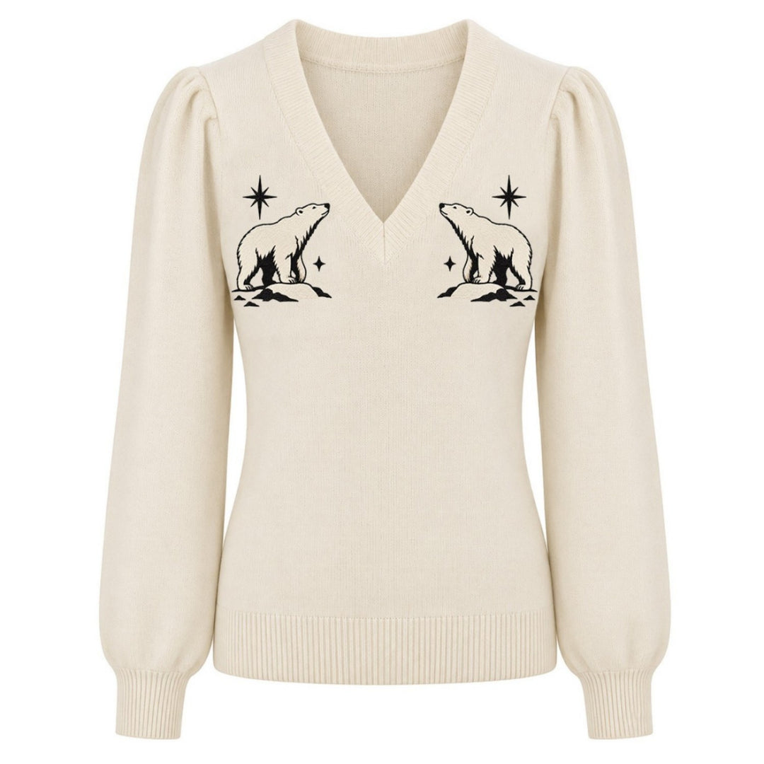 Jersey de punto jacquard vintage para mujer con arte de caniche estilo urbano