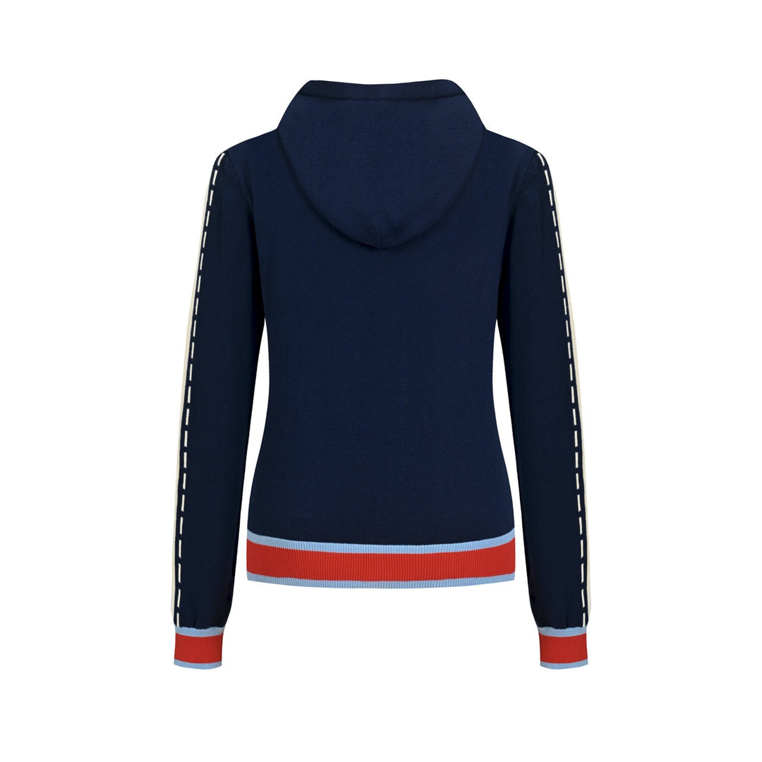 Jersey de punto jacquard retro estilo universitario azul marino para mujer
