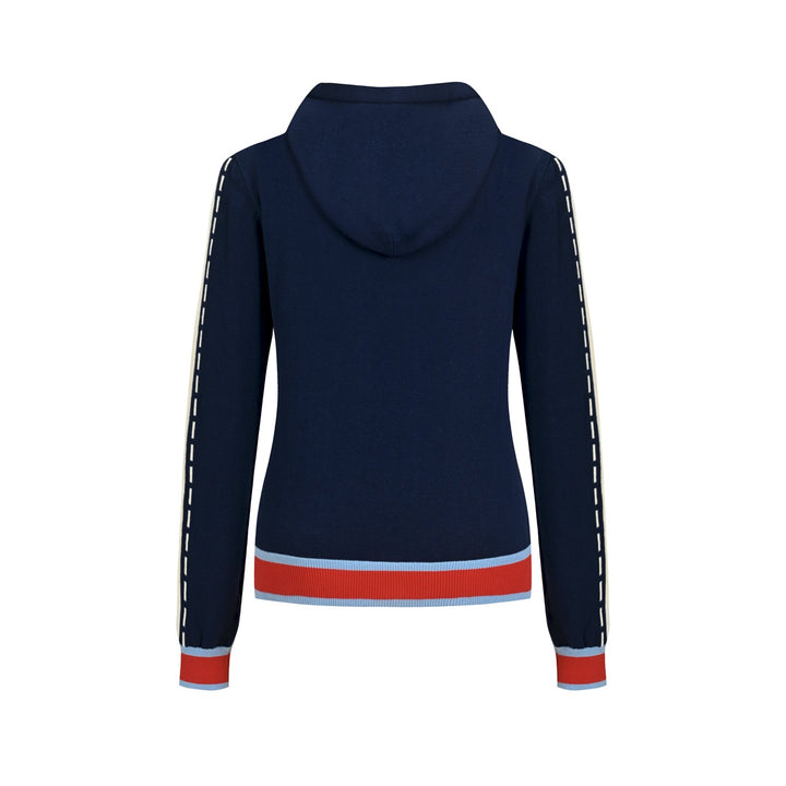 Jersey de punto jacquard retro estilo universitario azul marino para mujer