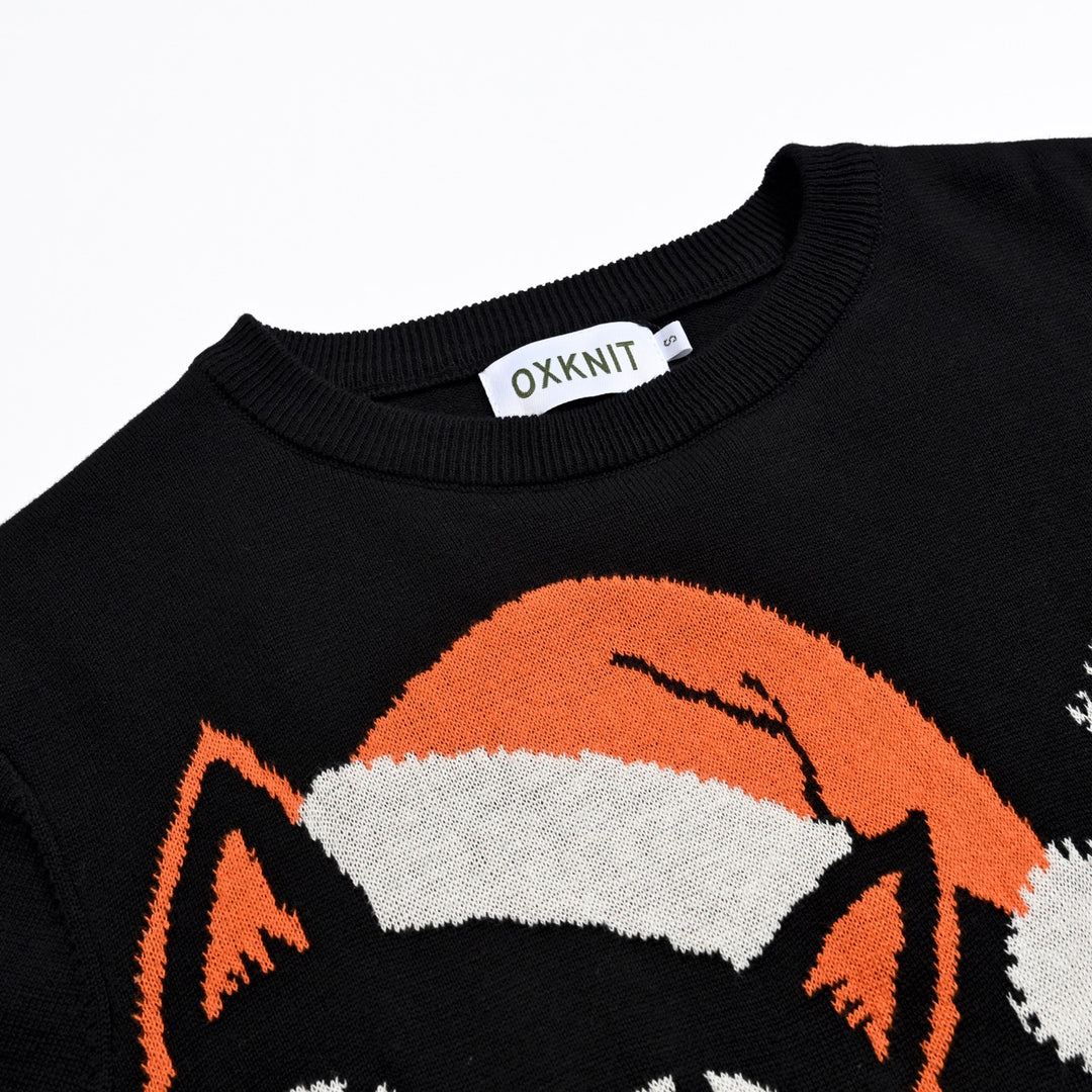 Dame Sort Retro Kunstnerisk Kat Jacquard Striktrøje
