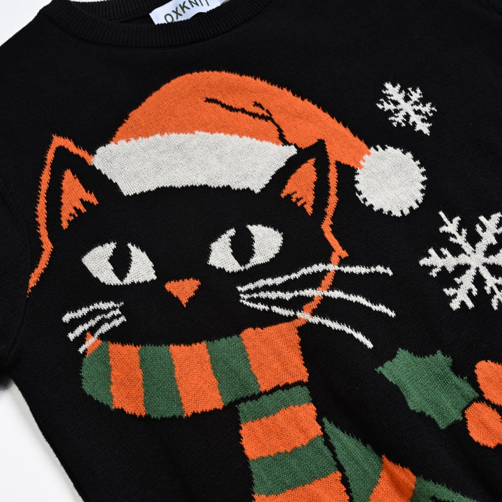 Dame Sort Retro Kunstnerisk Kat Jacquard Striktrøje