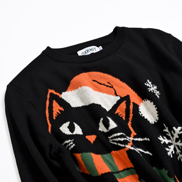 Dame Sort Retro Kunstnerisk Kat Jacquard Striktrøje