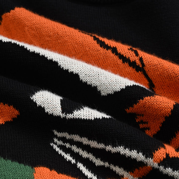Dame Sort Retro Kunstnerisk Kat Jacquard Striktrøje