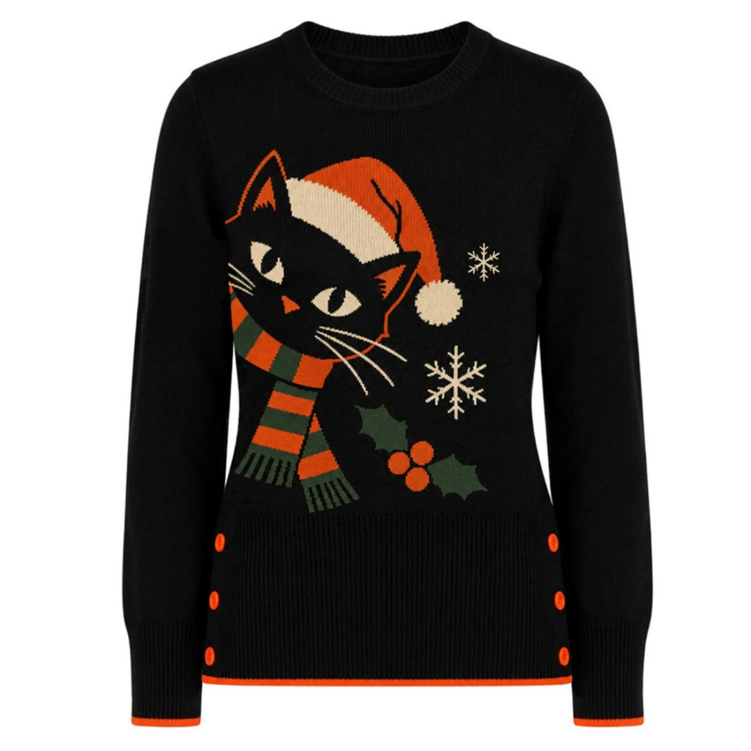 Jersey de punto jacquard azul oscuro vintage con arte de zorro para mujer