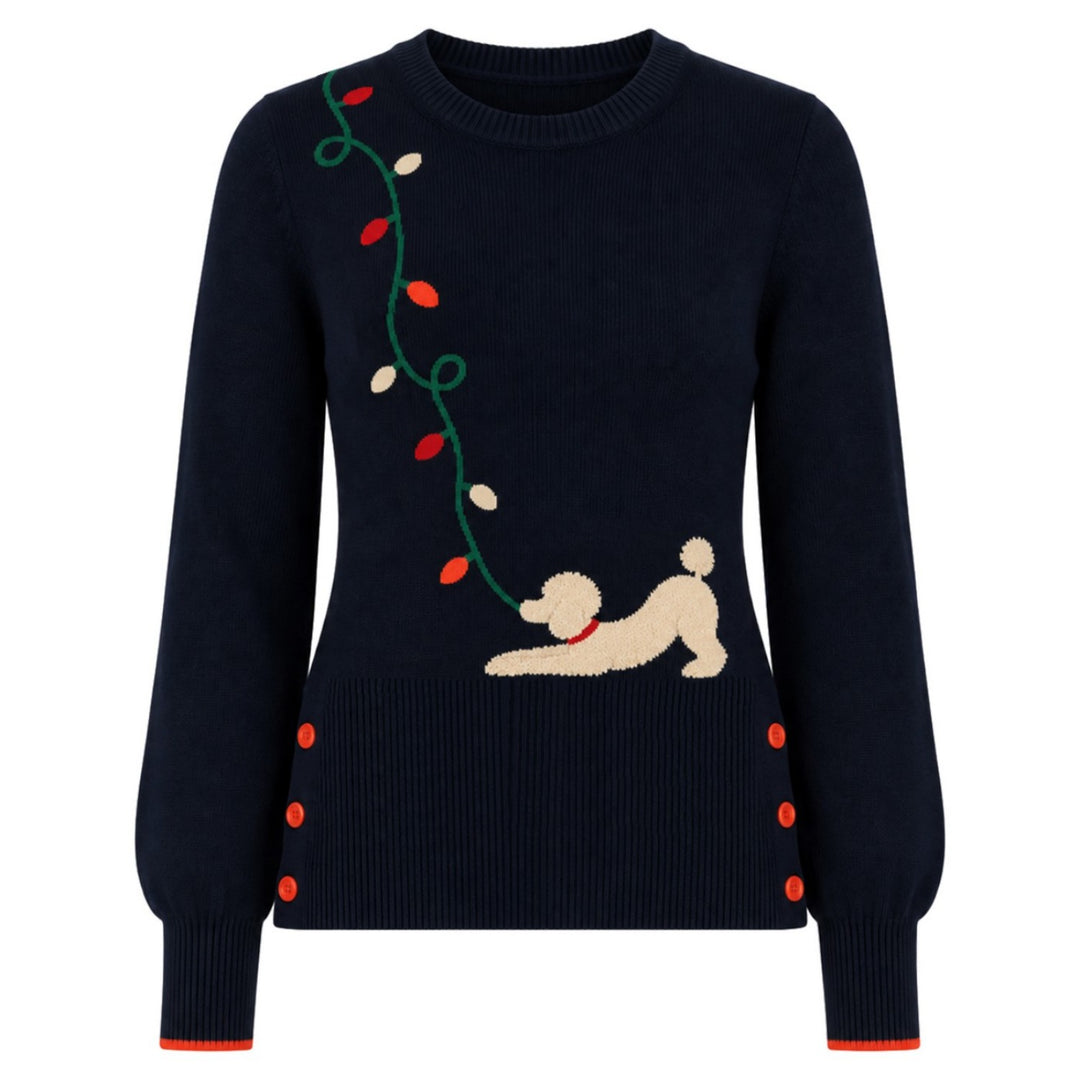 Women's Navy Blue Vintage-Style Poodle Jacquard Knitwear