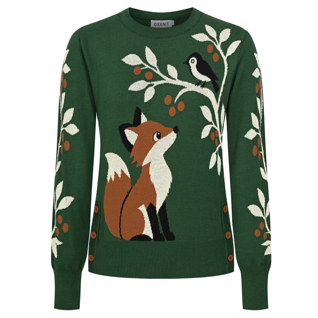 Pull vintage femme à motif renard de forêt et botanique en jacquard, avec boutons décoratifs