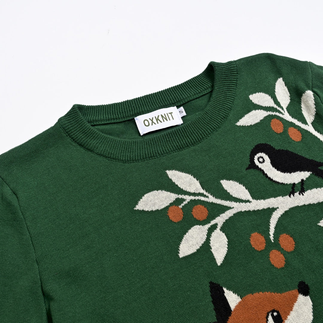 Pull vintage femme à motif renard de forêt et botanique en jacquard, avec boutons décoratifs