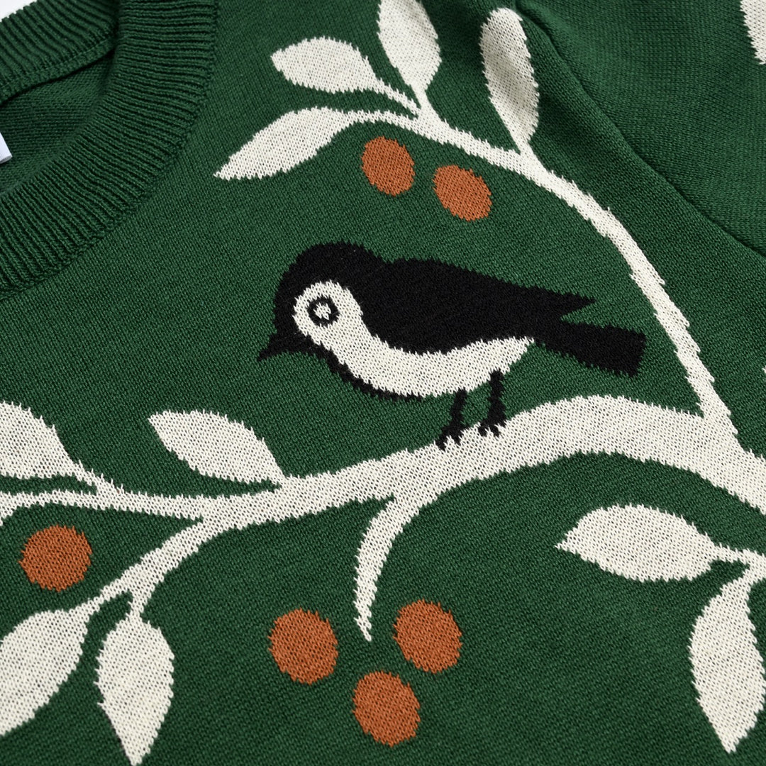 Pull vintage femme à motif renard de forêt et botanique en jacquard, avec boutons décoratifs